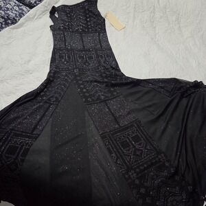 New Vintage Tadashi Black Long Dress Fit &Flare Sheer Cowl Back Made In USA LRG